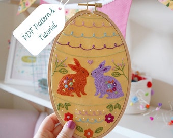 Floral Bunnies Oval Shaped Hand Embroidery Pattern and Tutorial, Instant Download PDF, Embroidery Hoop Art Pattern