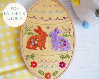 Floral Bunnies Oval Shaped Hand Embroidery Pattern and Tutorial, Instant Download PDF, Embroidery Hoop Art Pattern