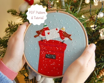 Christmas Snow Red 'Postbox Robins' Hand Embroidery Instant Download PDF Pattern / Printable Winter Embroidery Tutorial