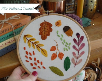 Autumn Leaves Hand Embroidery Pattern & Tutorial / Digital PDF Instant Download / Fall