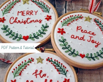 Christmas Wreath Tree Decoration Hand Embroidery Pattern & Tutorial With 3 Different Greetings for small 4"/10cm Hoop / PDF Instant Download