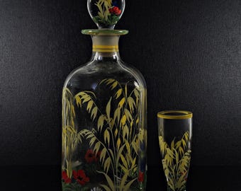 Handbeschilderde vintage glazen karaf uit de Art Deco-periode van de jaren 1920 met emaille beschildering.
