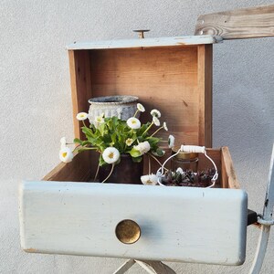 1 x Old grey wooden drawer with brass knob for storage / collection box / tray / 14.5" x 14.1" / 37 cm x 36 cm /