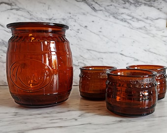 Alter Rumtopf aus Glas mit 3 Bechern  / 1 L / ein Liter /  Bernstein-Farben amber