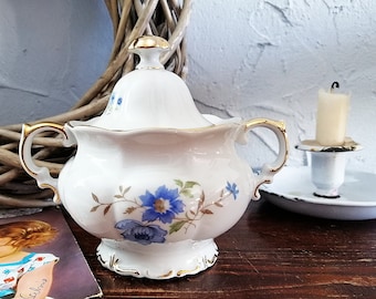 old sugar bowl, bonboniere, lidded cream white, gold rim, Sonneberg