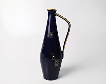 cobalt blue vase with gold decoration / handle vase / 60s genuine cobalt blue gold / VEB Lichte Volkstedt / made in GDR / Mid Century / 21.5 cm / 8.4"