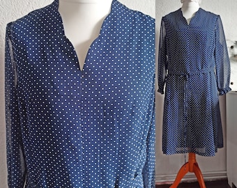Chiffon dress / retro dress / dots Gr. 50 / blue chiffon dress with slip / midi dress / vintage fashion / ESCO - SPEZIAL - BERLIN