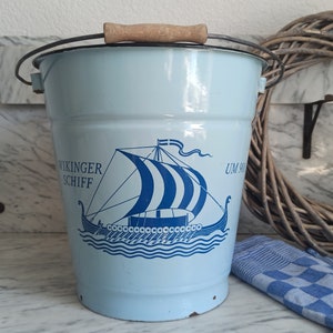 Vintage bucket / enamel bucket / printed bucket / Viking ship motif / 10 litre bucket / light blue
