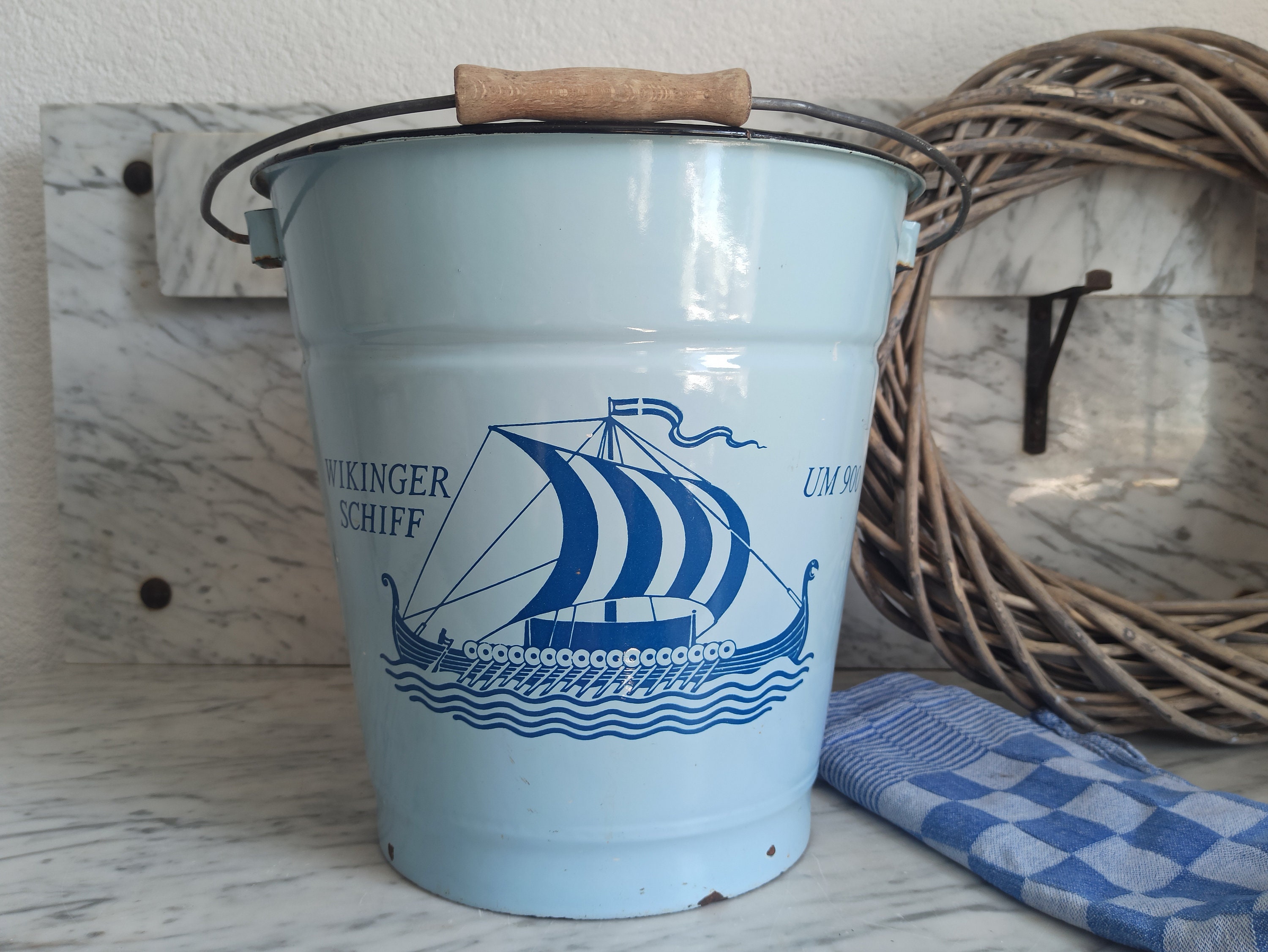 Emaille-Tischeimer – Weiß Mit Blauem Rand – 2 Liter, Ca. 17,5x13,5 Cm – Nostalgie-Design