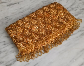 Vintage Clutch / kleine Handtasche / Paillettentasche / goldene Handtasche / 1970er Jahre