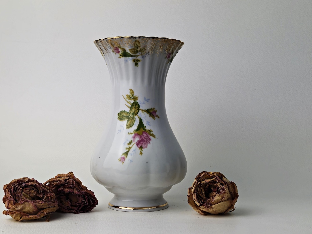 Vintage Vase With Pink Rose Floral Decoration and Gold Rim / Handmade ...