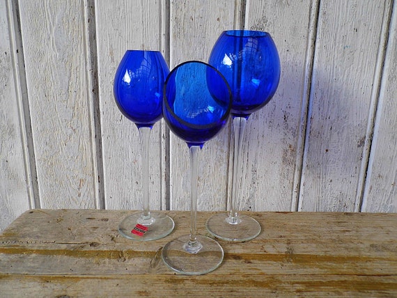 3 Glass Vases Mouth Blown Handmade Blue Goblet Vases Etsy