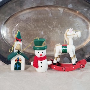 3 small wooden figures / Christmas decoration / wooden tree decoration / Christmas handicraft / 8 cm, snowman, rocking horse, church, miniature
