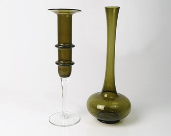 fine Lauscha vase / glass vase / candle holder / green / mouth-blown / hand-shaped / Lauscha Thuringia / goblet vase