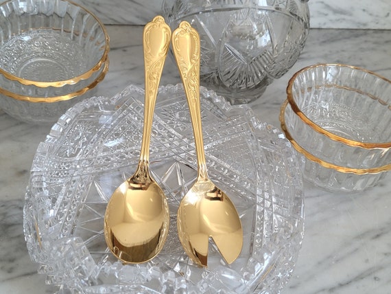 2tlg. Vorlegebesteck 23/24 Karat Hartvergoldet / Vintage Anlegebesteck / Salatbesteck goldfarben / Besteck