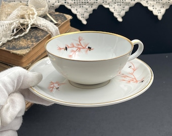 Vintage Czech Pink Porcelain Coffee Cup Set for 2, H&C Czech, Rosa