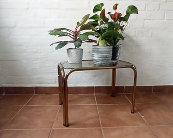 Vintage flower stool / small glass table / side table / metal table with smoked glass pane / flower stand / Mid Century