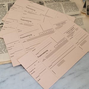 4 oude postwissels, postwissels / grappige geldcadeaus, cadeaulabels / Mark en Pfennig blanco bonnetjes / labels, labels, etiketten