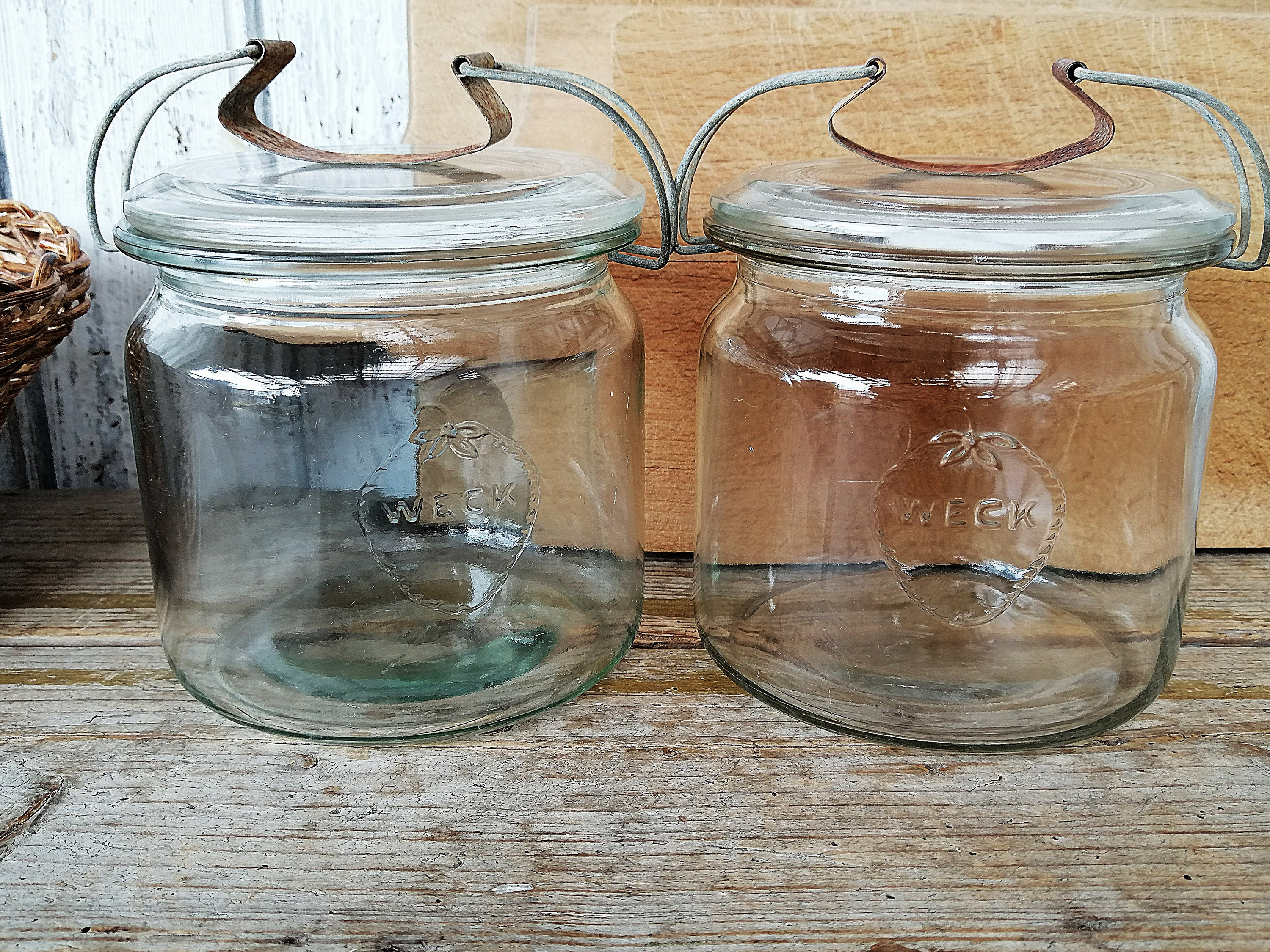 2 alte Weck Gläser / Bindeglas / Rillenglas / Vorratsdosen / Weckglas mit Deckel / Konservendose von Weck / 3/4 Liter