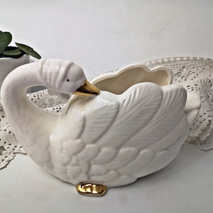 Vintage flowerpot swan, goose / old white with gold, planter / porcelain