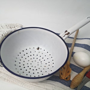 round white enamel colander with blue rim / enamel sieve / strainer