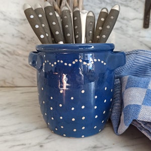 Vintage ceramic table waste bin / table trash can / ceramic container / blue with white dots