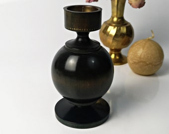 dark vintage candle holder made of precious wood / mid century / design candle holder with brass part