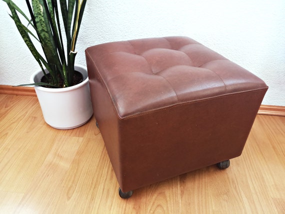 Vintage Stool on Wheels / Leather Stool / Cube Stool / Cube Stool
