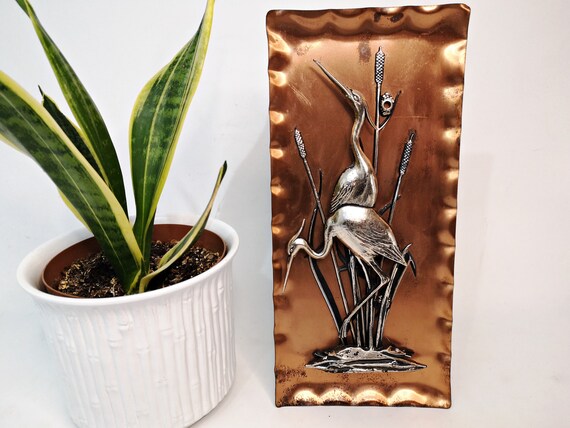 Vintage Copper Picture, Metal Art, Bird, Crane, 3D, Mid Century 