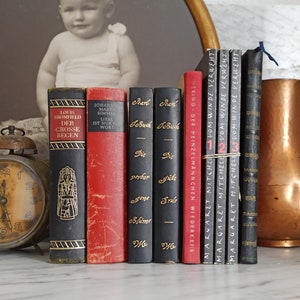9 old books / vintage books / novels / RETRO book stack / black and red / book decoration / German language