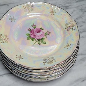 6 vintage cake plates / dessert plates / breakfast plates / Kahla porcelain / mother-of-pearl decor / 1970s / old series: rose and mother-of-pearl image 1