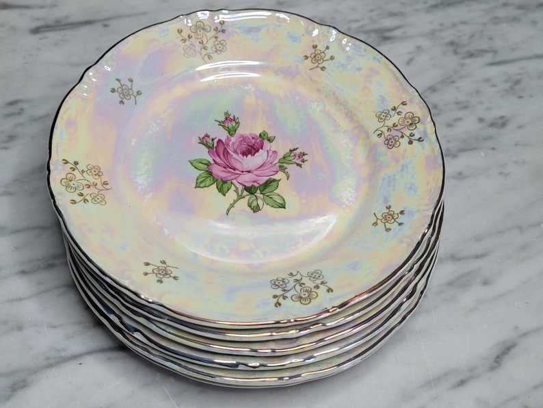 6 vintage cake plates / dessert plates / breakfast plates / Kahla porcelain / mother-of-pearl decor / 1970s / old series: rose and mother-of-pearl image 1