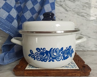 Pentola smaltata vintage / Pentola smaltata con coperchio / Pentola da cucina retrò / Anni '80