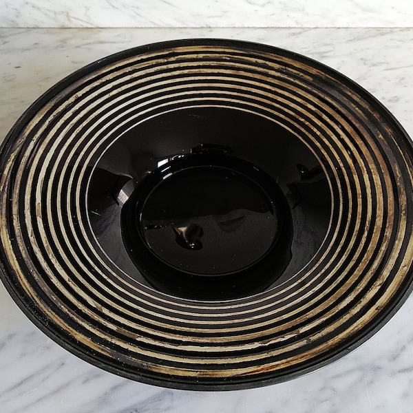 Elegant black glass bowl - large salad bowl - minimalist fruit bowl - black glass bowl - 1960s