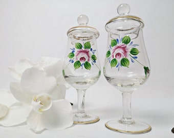 2St. Vintage Probierglas mit Deckel / Tasting Glas / Branntweinglas / Likörgläser / 20er / Goldrand / Schnapsgläser / Shot Gläser
