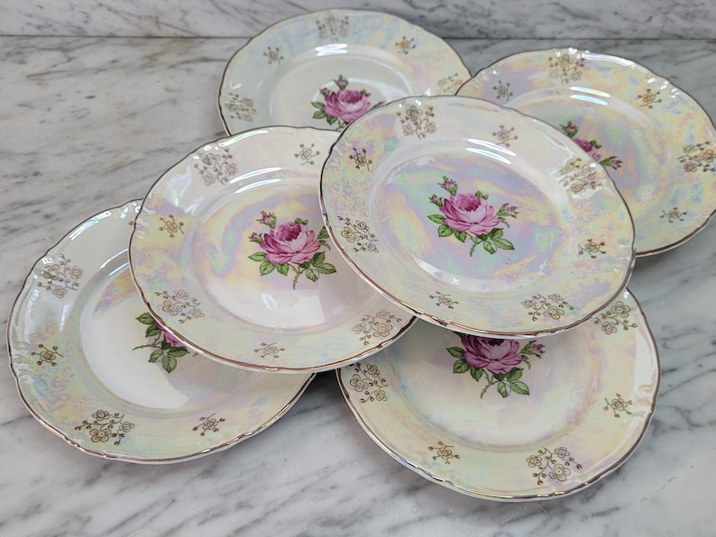 6 vintage cake plates / dessert plates / breakfast plates / Kahla porcelain / mother-of-pearl decor / 1970s / old series: rose and mother-of-pearl image 3