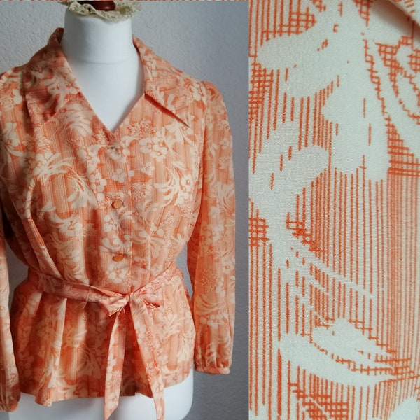 Retro Blouse in Orange / Gr. L - XL / 40-42 / 1960s / blouse with tie / tie