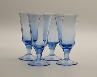 4 vintage liqueur glasses made of light blue glass / shot glasses / 4 schnapps glasses / shot glasses for liqueur, fruit brandy, grappa, etc. / France 1990s