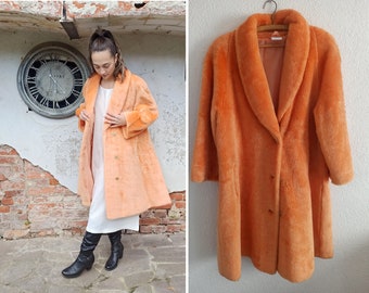 Vintage Mantel orangefarben / warmer Plüschmantel / Wintermantel Teddyplüsch ORANGE / L Gr. 40 / 1990er