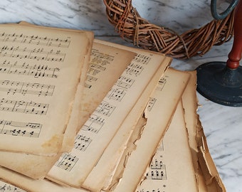 12 large sheets of music paper / old, yellowed paper / vintage paper pre-1910 / antique / scrapbooking material / trash art / brocante
