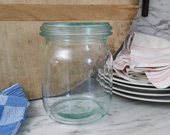 retro jar / storage jar / 1 liter / old candy jar / light blue clear glass - jar with lid