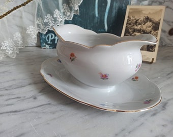 Vintage gravy boat - sauce jug with scattered flowers and gold rim - sauce bowl - 1950s / Reinecke Porcelain / Eisenberg Thuringia