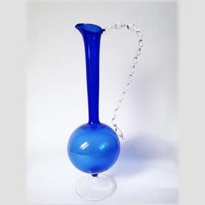 filigree glass vase with handle, solifleur vase, mouth-blown and hand-formed, blue, Arnstedt Thuringia, Lauscha