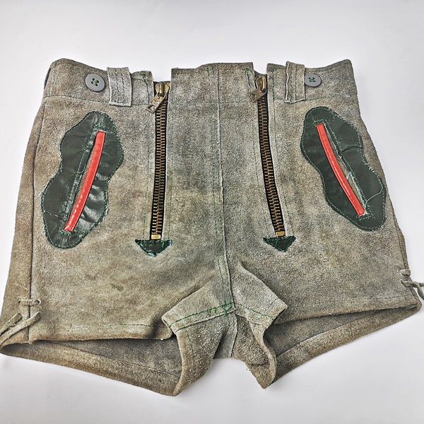 Vintage Kinder Lederhose / Trachtenhose / Vintage 1970er / Grau Grün / Wildleder / Shorts Größe 104