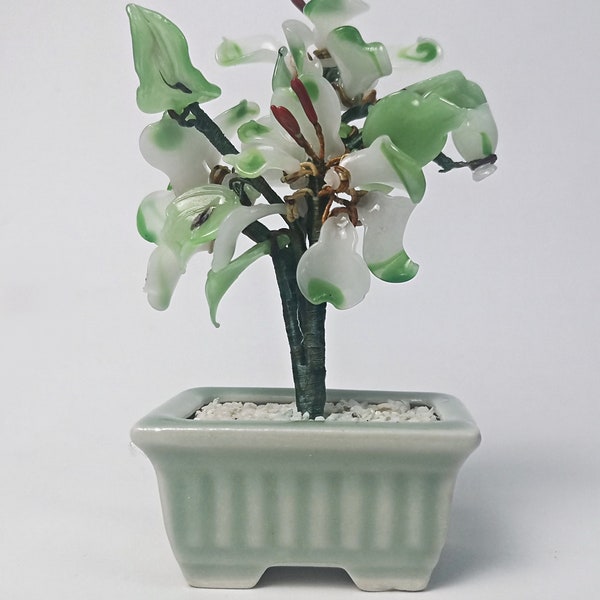 Vintage jade bonsai tree / artificial flower / magnolia / glass 12 cm high / celadon pot / bowl