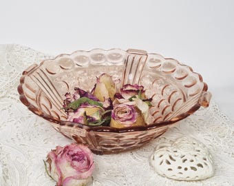 Ciotola vintage in vetro rosa su quattro piedini / Ciotola in rosa / Vetro rosa / Art Deco