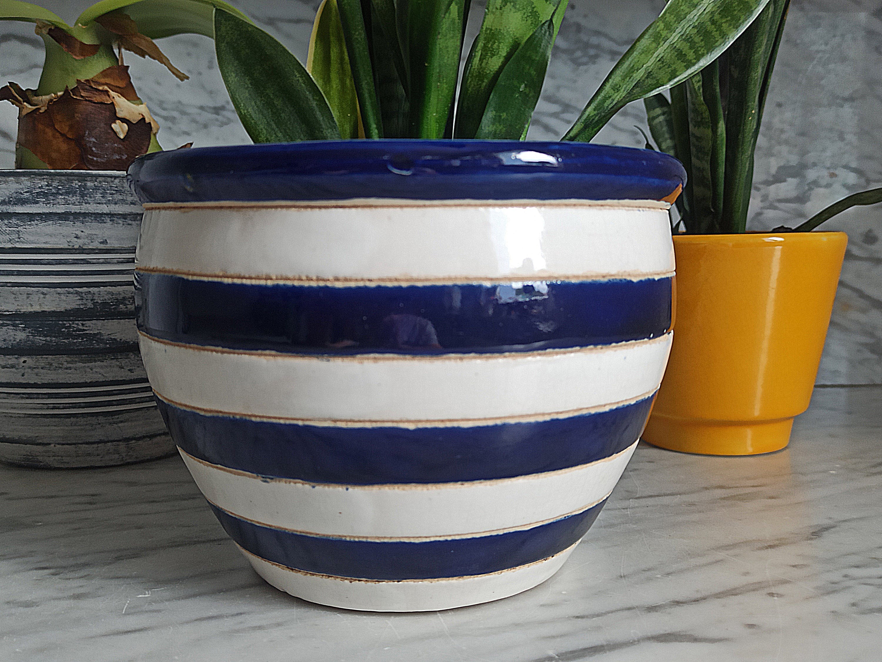 Vintage Blumentopf / Übertopf blauweiß gestreift / Keramik