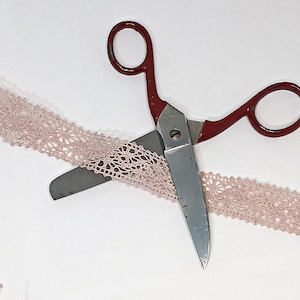 Scissors, tailor&#39;s scissors made of iron, steel with red handle, BROCANTE