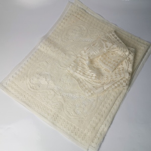 May include: Two pieces of ivory white lace fabric with a delicate floral pattern. The fabric is folded and layered, creating a soft and elegant look.