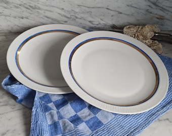 Retro dinner plates / 2 large plates / Stadtlengsfeld porcelain / 1960s / gold rim and blue rim